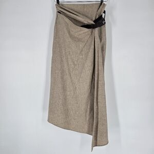 Max Mara Tan Wool Side Belt Asymmetrical Wrap Skirt Size 12 Made in Italy
